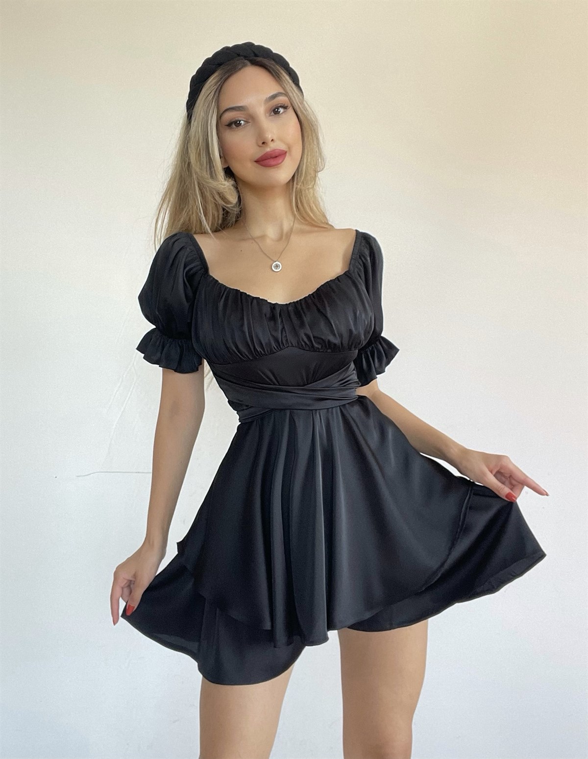 Saten Luna Tulum Elbise Siyah