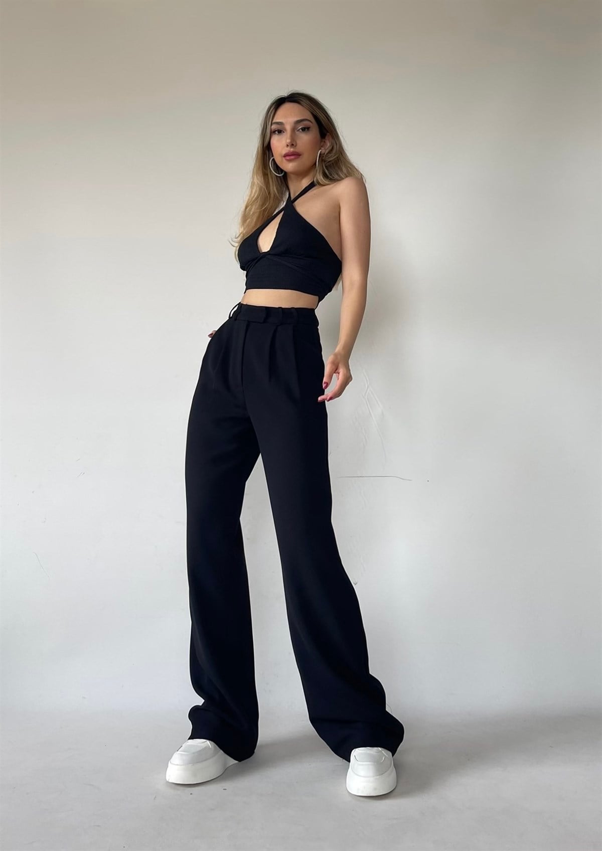 Yüksek Bel Pileli Nocturne Palazzo Pantolon Siyah