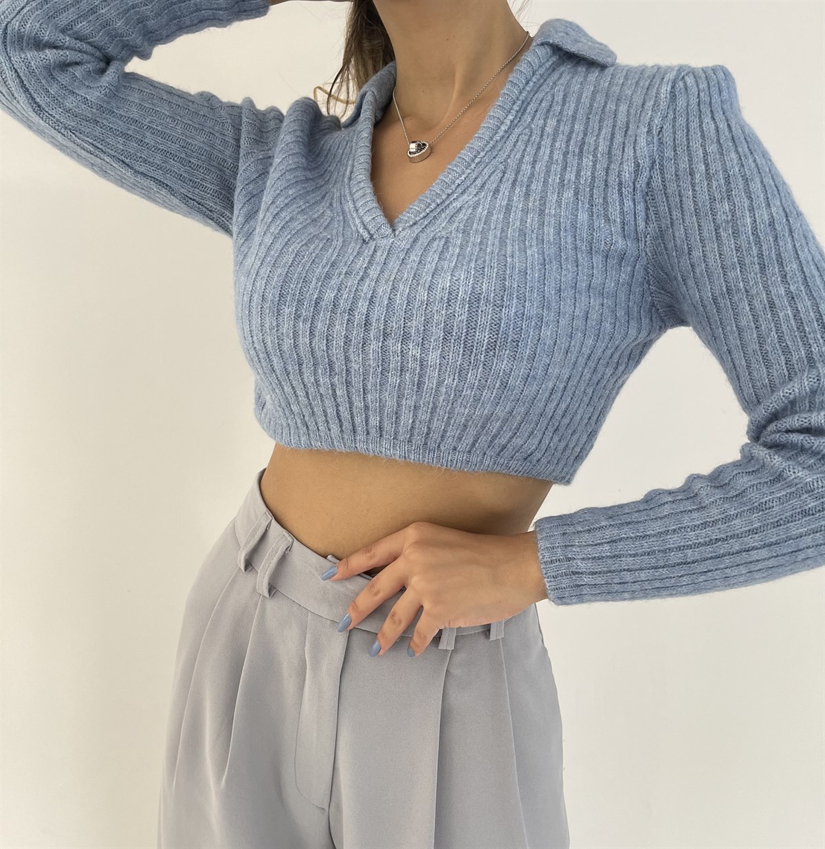 Bluer Polo Yaka Crop Kazak-Mavi