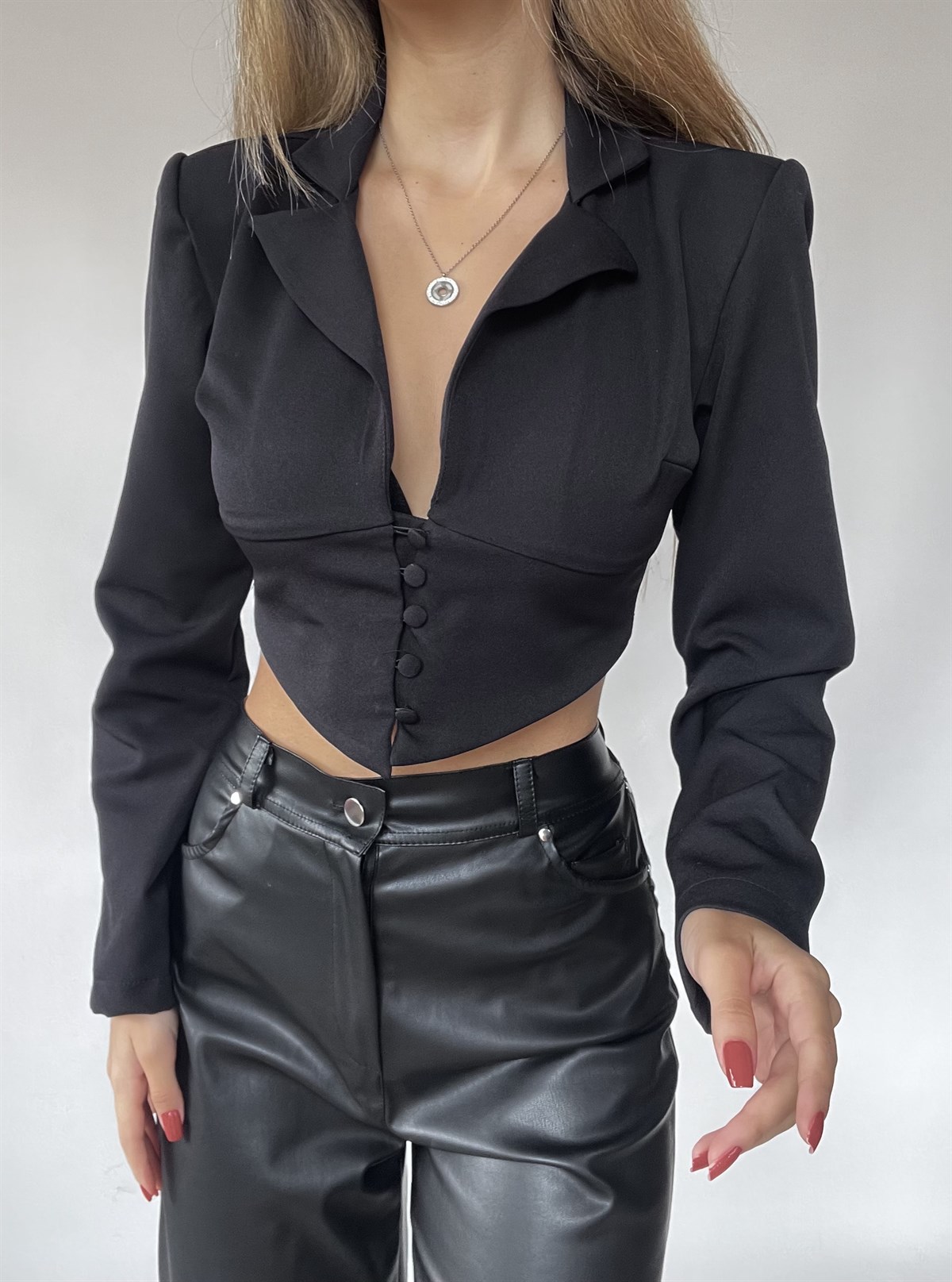 Elegant Crop Gömlek Siyah