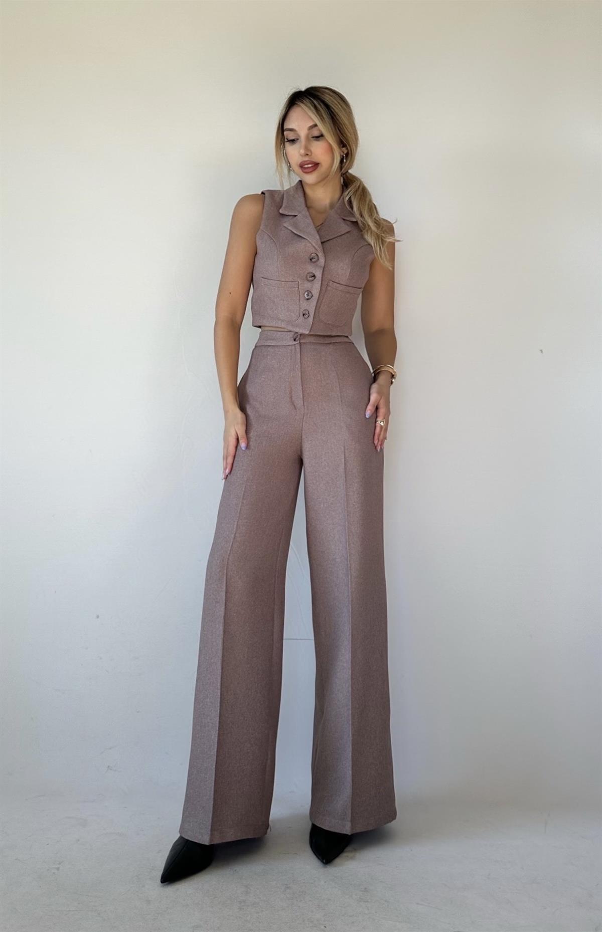 Mocha Yelek-Pantolon Takım Vizon