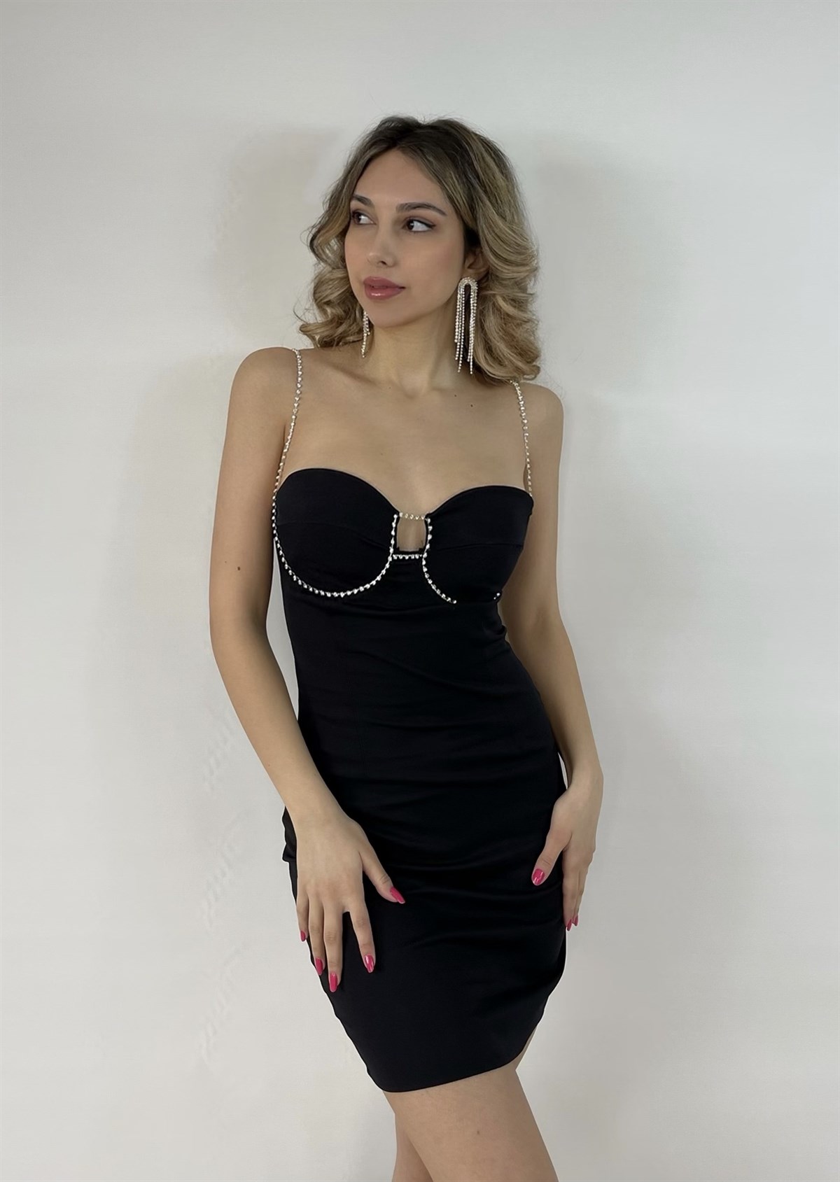 Taş Detaylı Noir Elbise