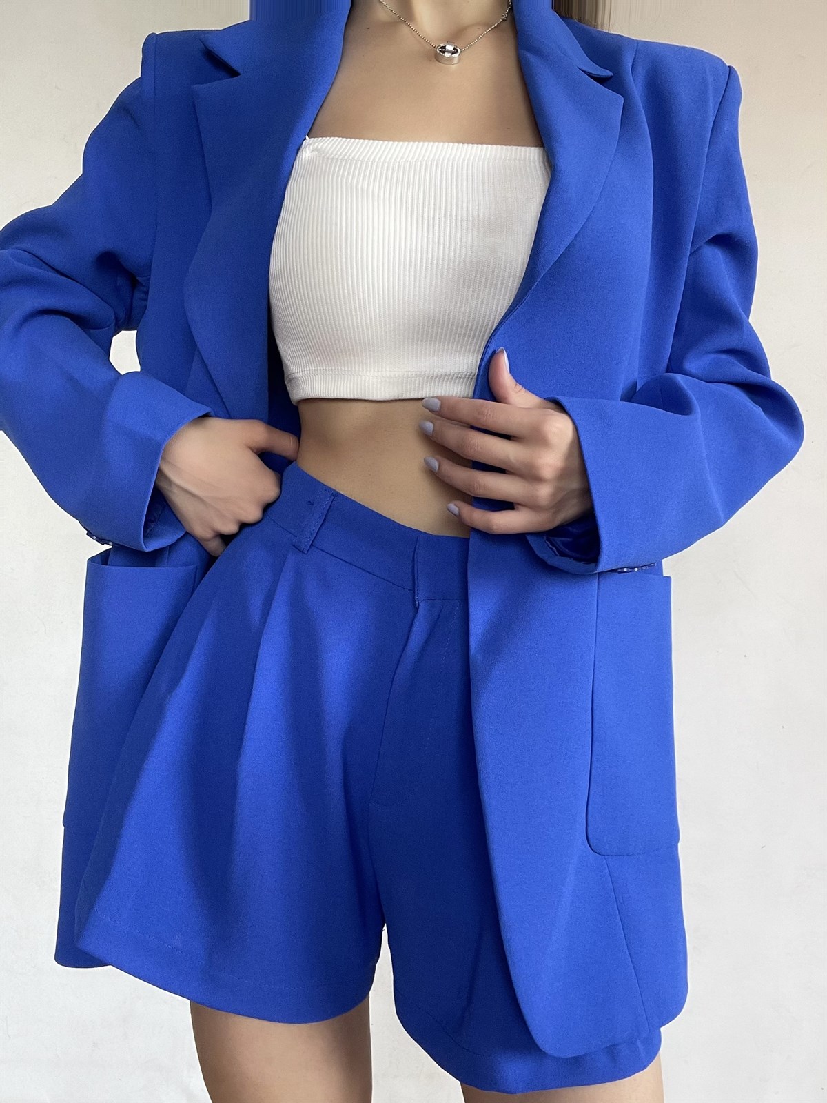 Yüksek Bel Crep Kumaş Lucca Şort Saks Mavi