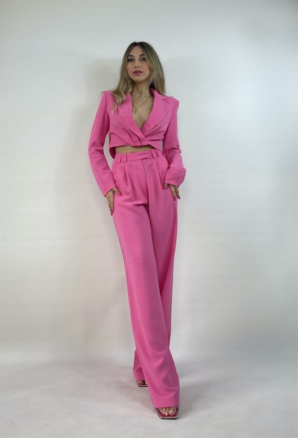 Yüksek Bel Pileli Rosy Palazzo Pantolon-Pembe 