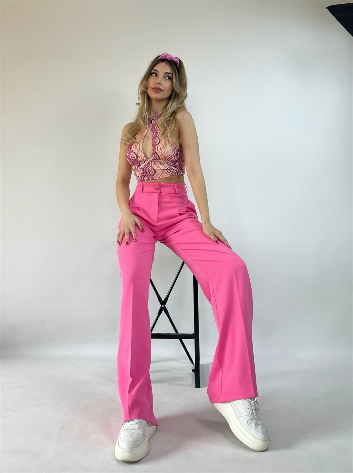 Yüksek Bel Wide Leg Pinky Pantolon Pembe