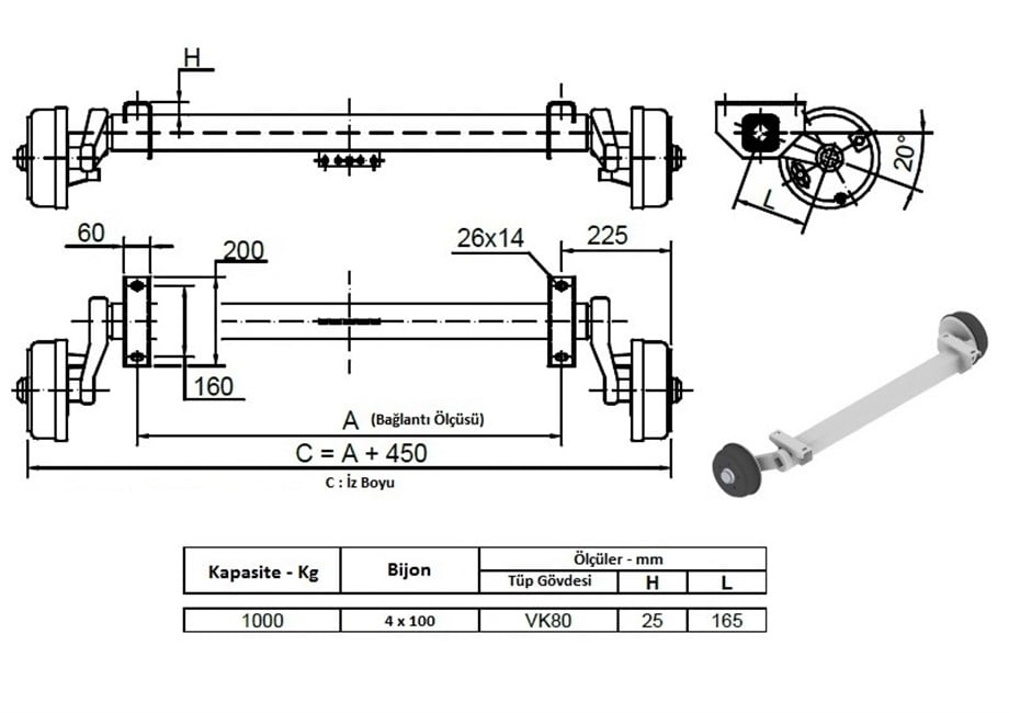 1000 Kg Frenli Torsiyon Dingil - Schlegl