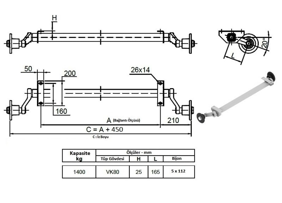1400 Kg Frensiz Torsiyon Dingil - Schlegl