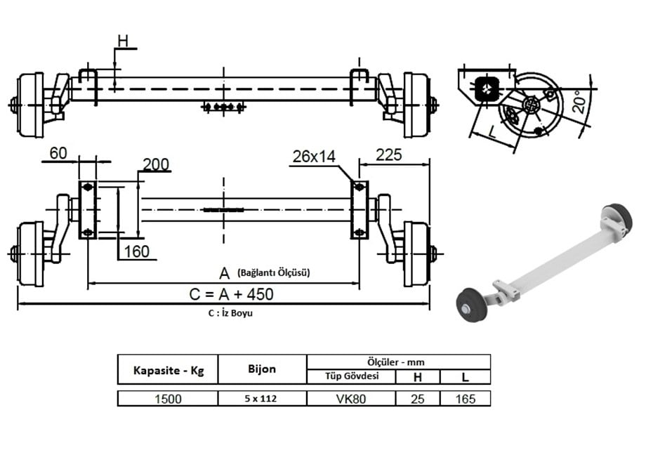 1500 Kg Frenli Torsiyon Dingil - Schlegl