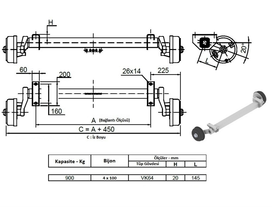 900 Kg Frenli Torsiyon Dingil - Schlegl