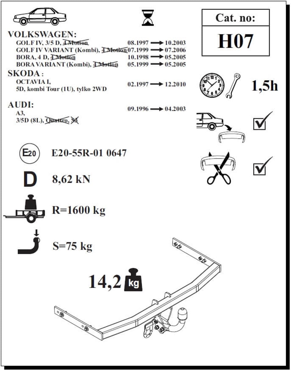 Audi A3 3-5D Çeki Demiri , Kuğu Boynu - Sabit , 1996 - 2003