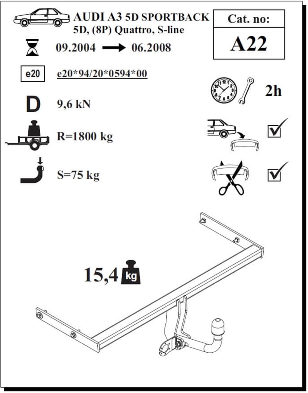 Audi A3 5D Sportback Çeki Demiri , Kuğu Boynu - Sabit , 2004 - 2008