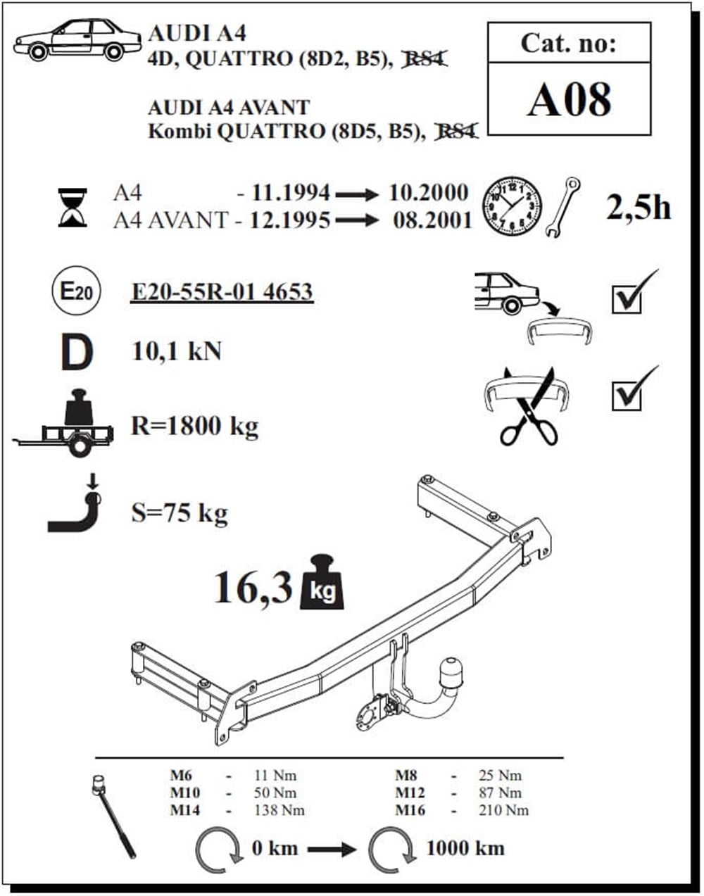 Audi A4 Avant Çeki Demiri , Kuğu Boynu - Sabit, 1995 - 2001