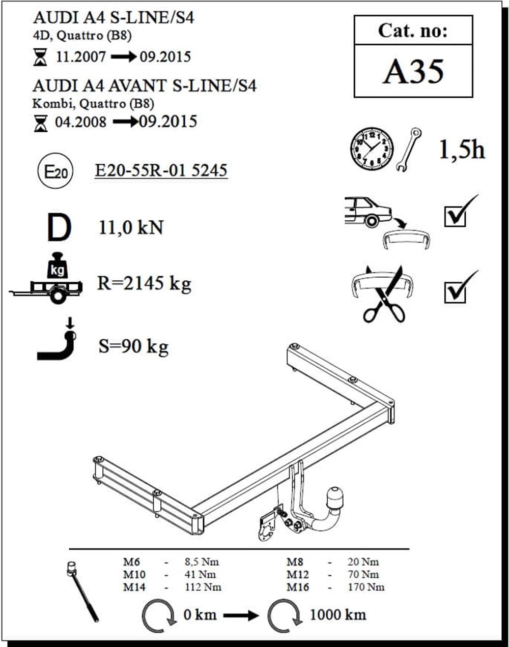 Audi A4 S-Line/S4 Çeki Demiri , Kuğu Boynu - Sabit , 2007 - 2015