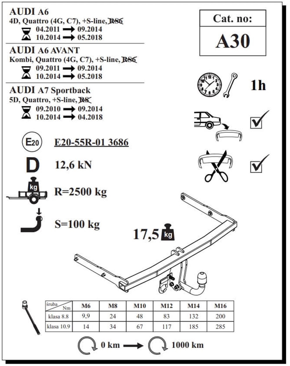 Audi A6 4D Çeki Demiri , Kuğu Boynu - Sabit , 2011 - 2018