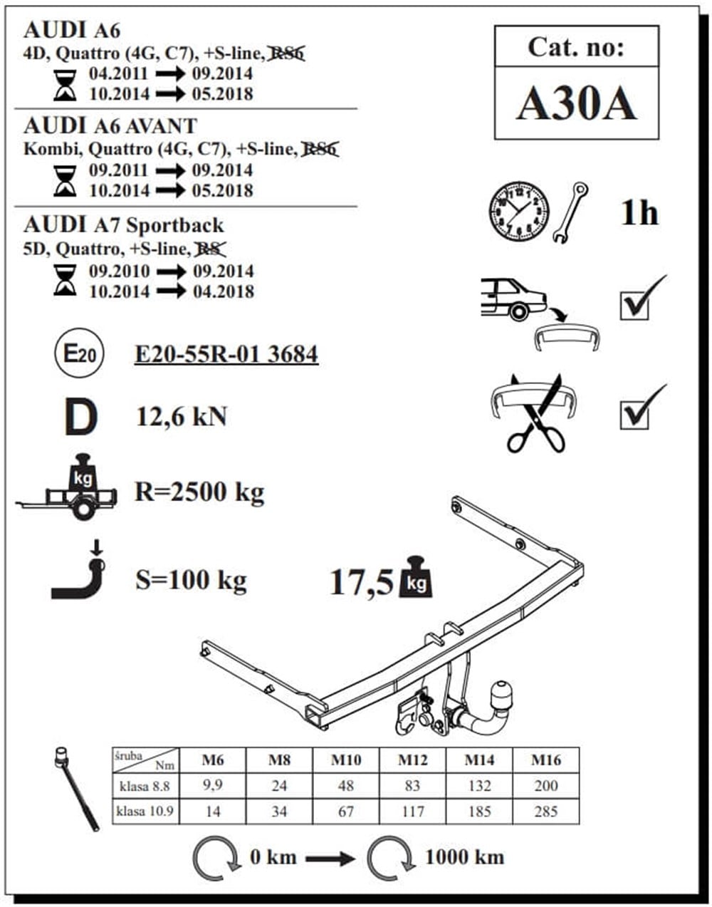 Audi A6 4D Çeki Demiri , Yatay Sökülebilir , 2011 - 2018