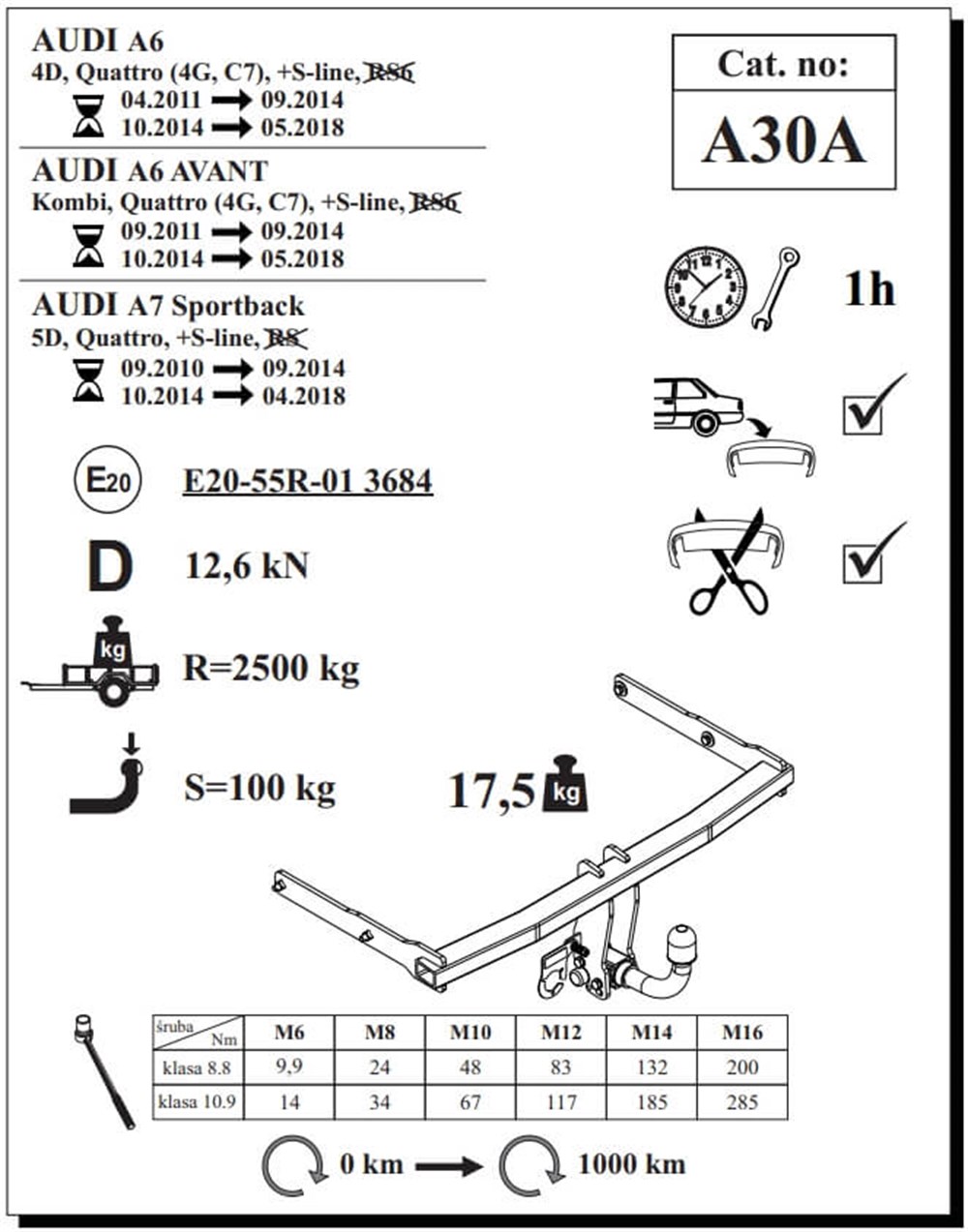 Audi A6 Avant Çeki Demiri , Yatay Sökülebilir , 2011 - 2018
