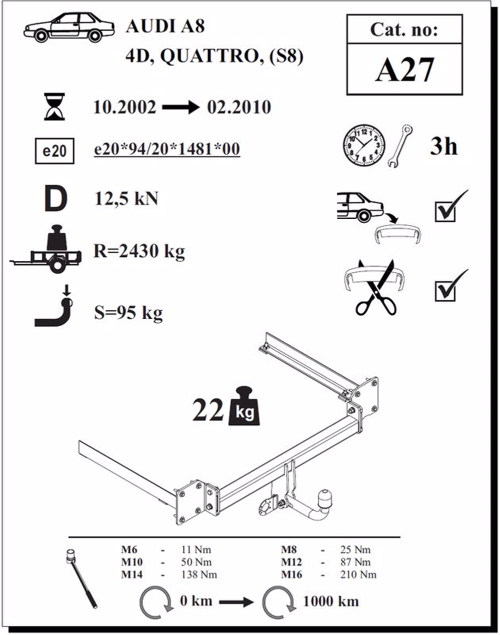 Audi A8 4D Çeki Demiri , Kuğu Boynu - Sabit , 2002 - 2010