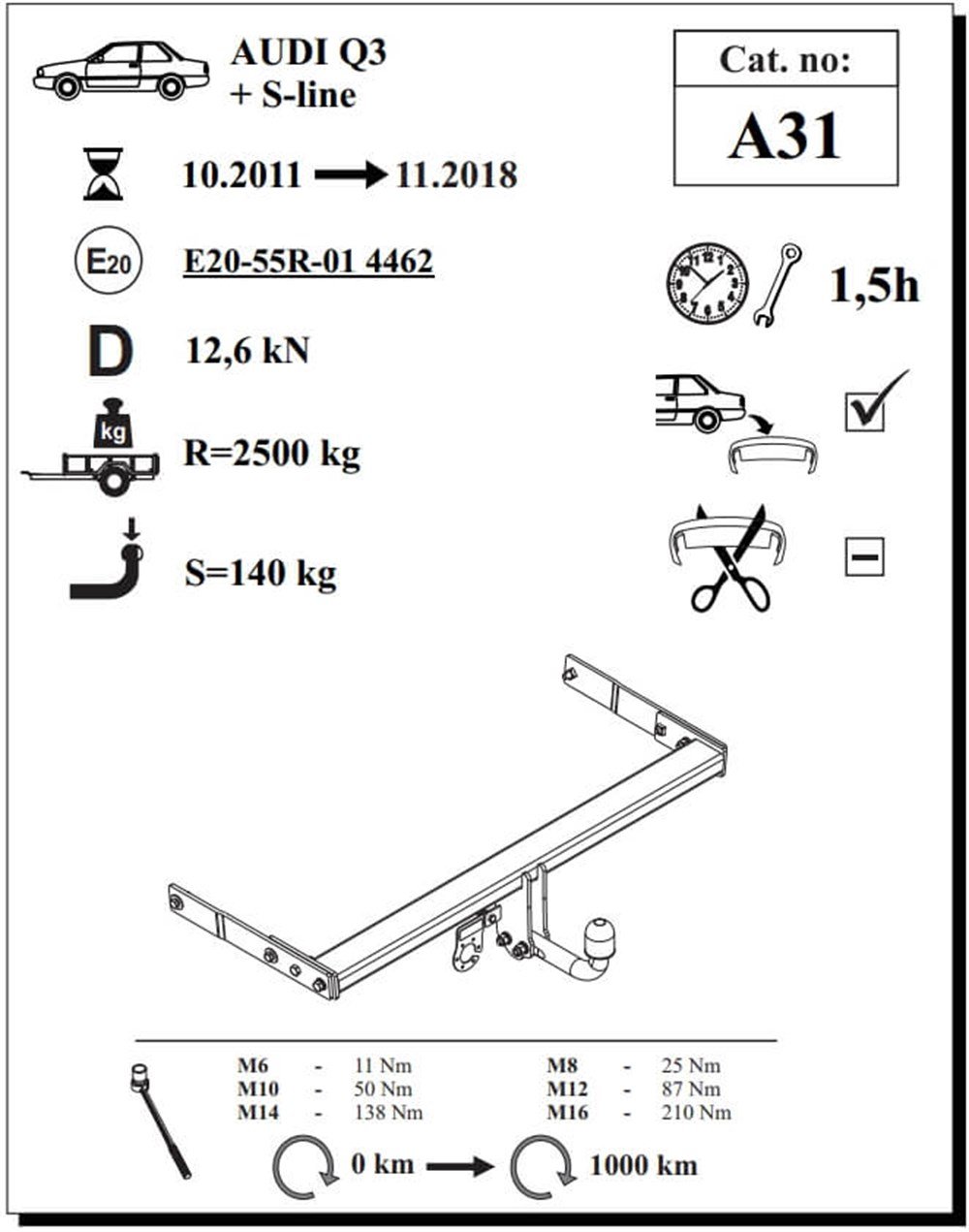 Audi Q3 Çeki Demiri , Kuğu Boynu - Sabit , 2011 - 2018