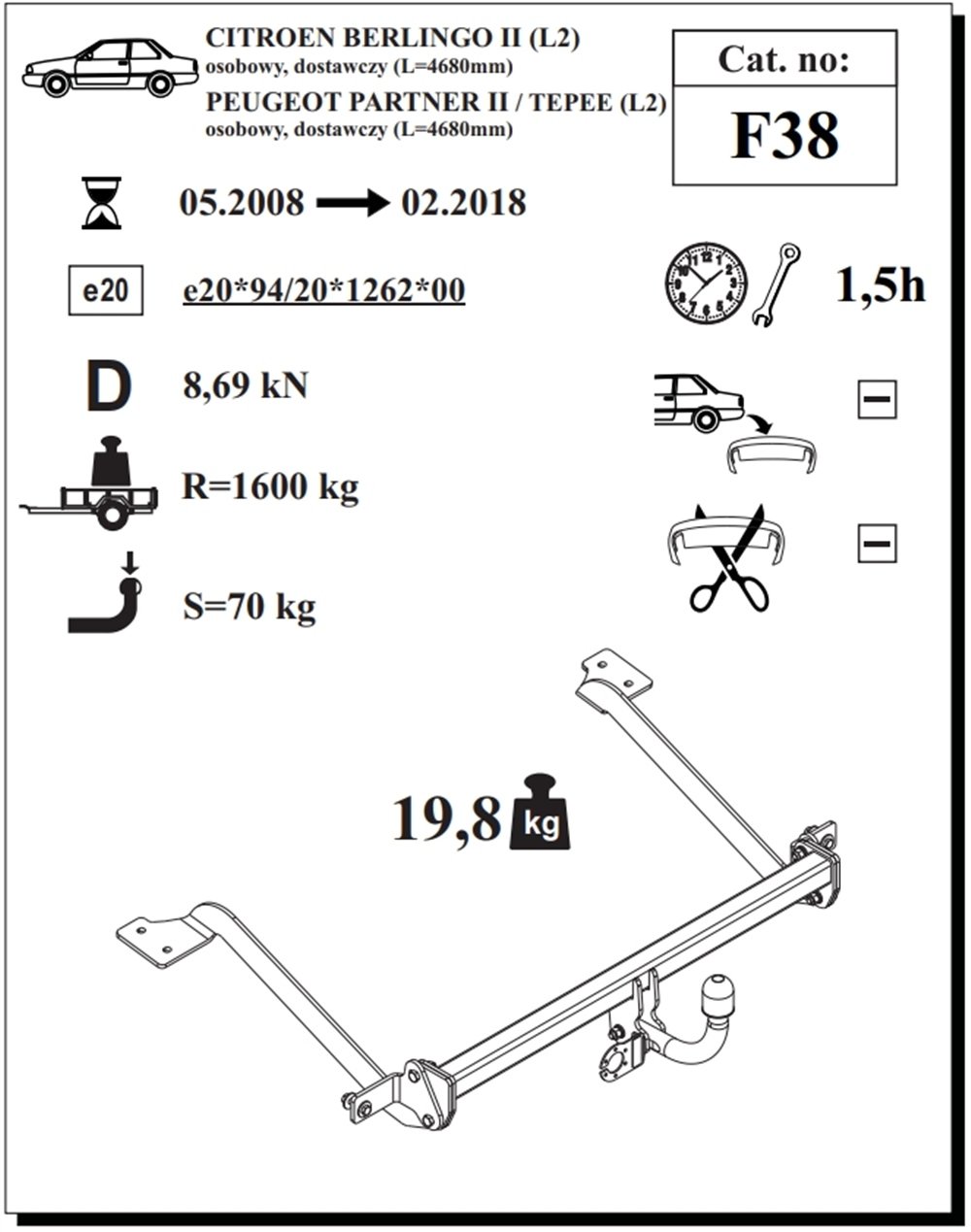 Citroen Berlingo (Uzun) Çeki Demiri , Kuğu Boynu - Sabit , 2008 - 2018