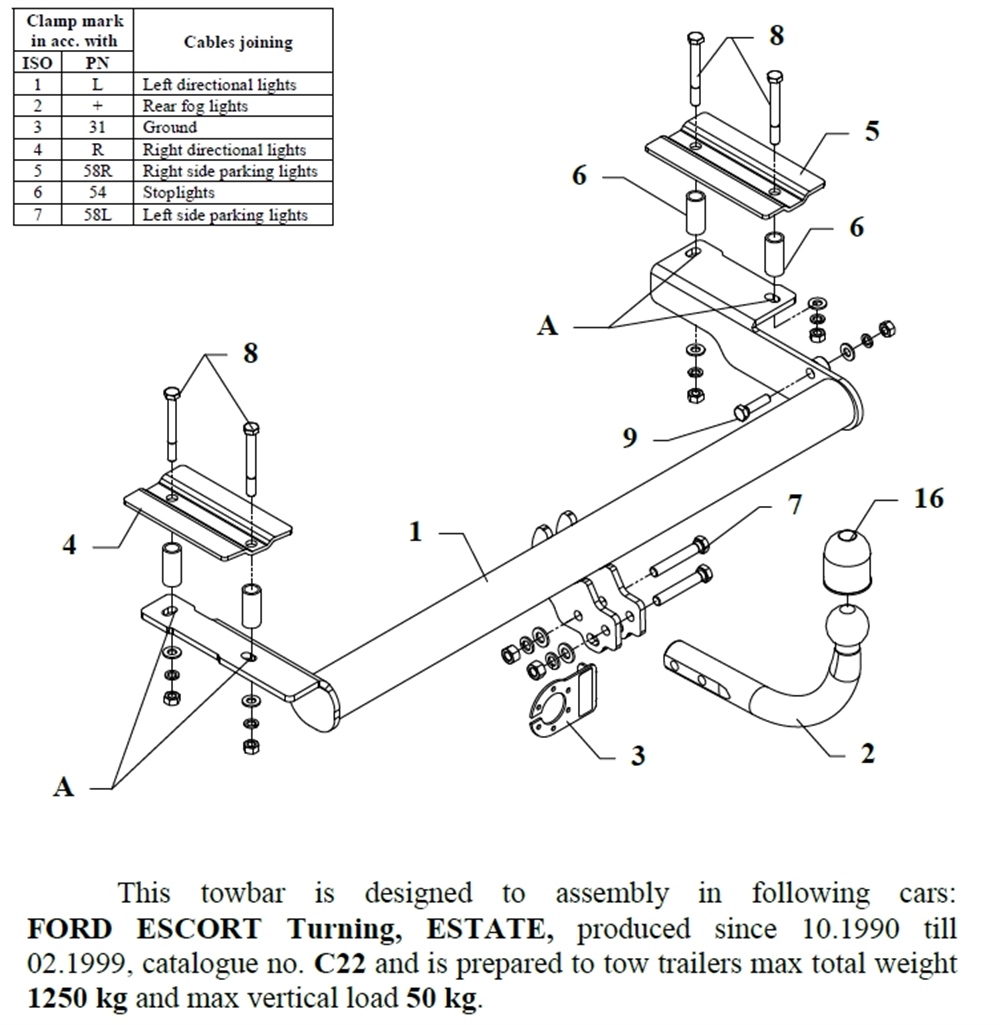 Ford Escort SW Çeki Demiri , Kuğu Boynu - Sabit , 1990 - 1999