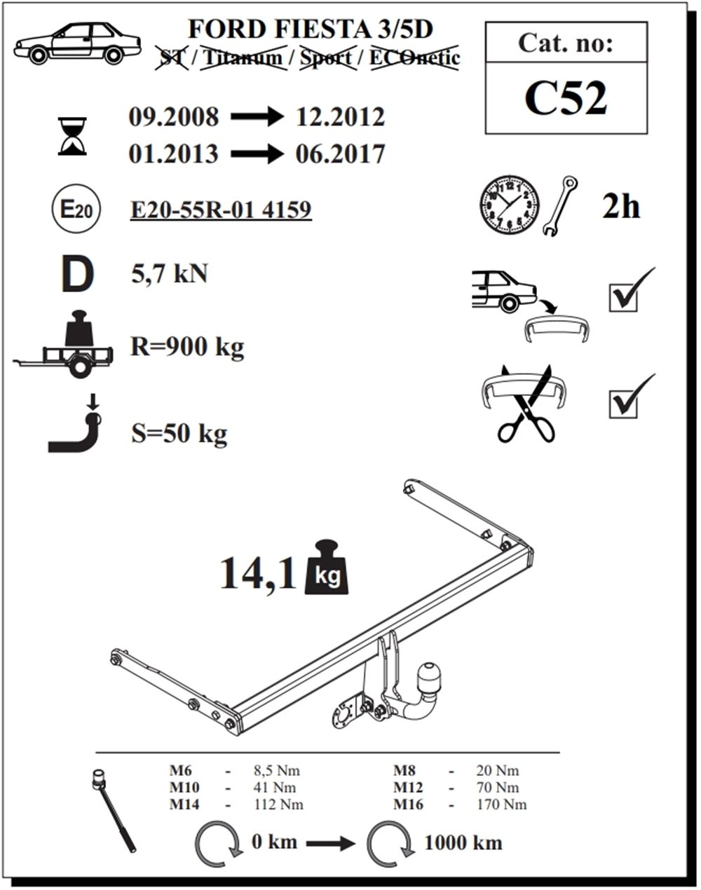 Ford Fiesta Çeki Demiri , Kuğu Boynu - Sabit , 2008 - 2017