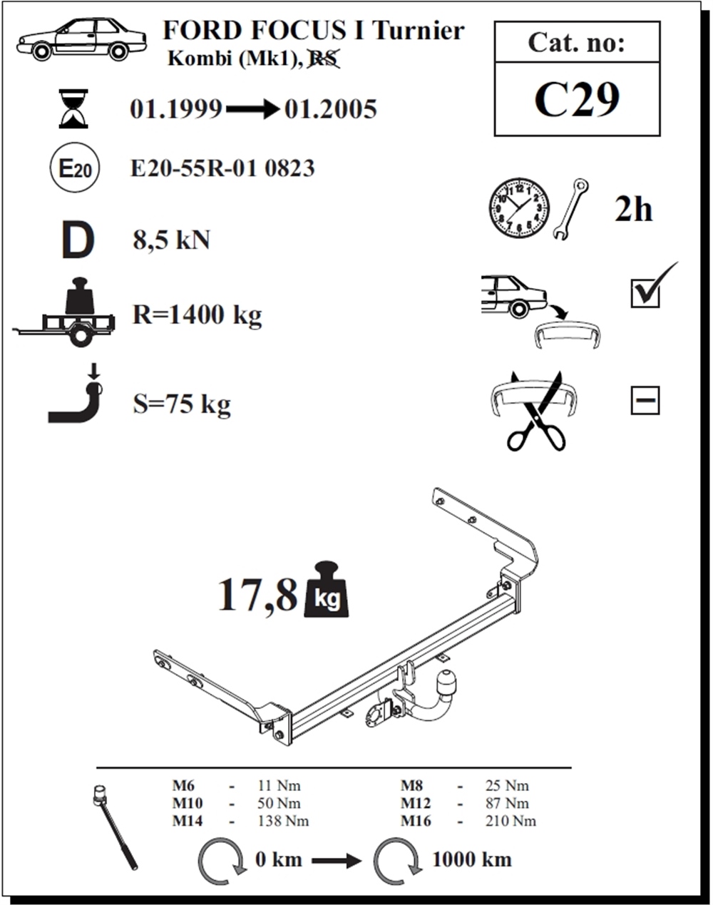 Ford Focus Turnier Çeki Demiri , Kuğu Boynu - Sabit , 1999 - 2005
