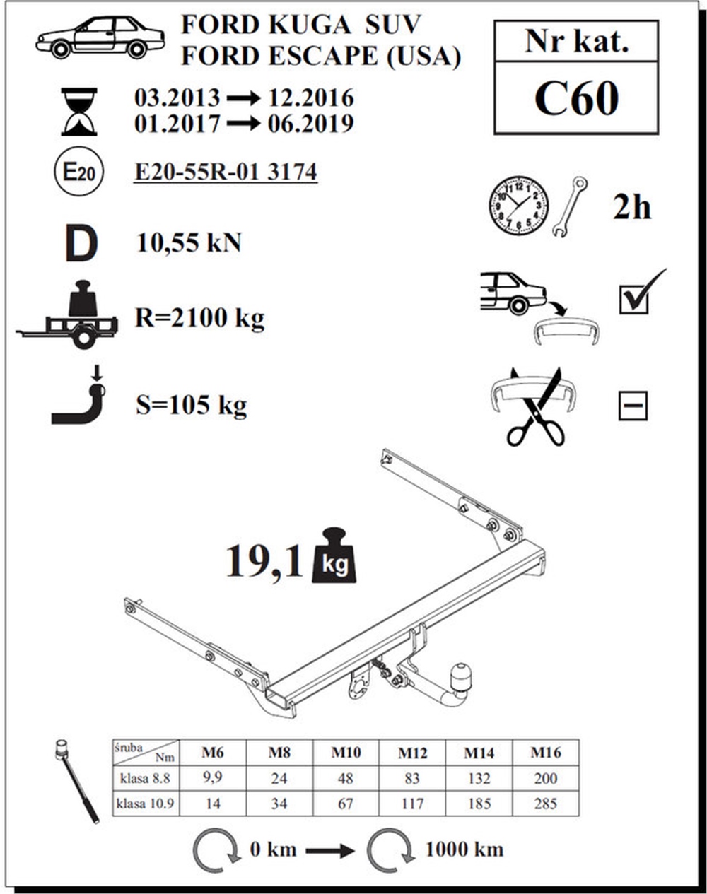 Ford Kuga Çeki Demiri , Kuğu Boynu - Sabit , 2013 - 2019