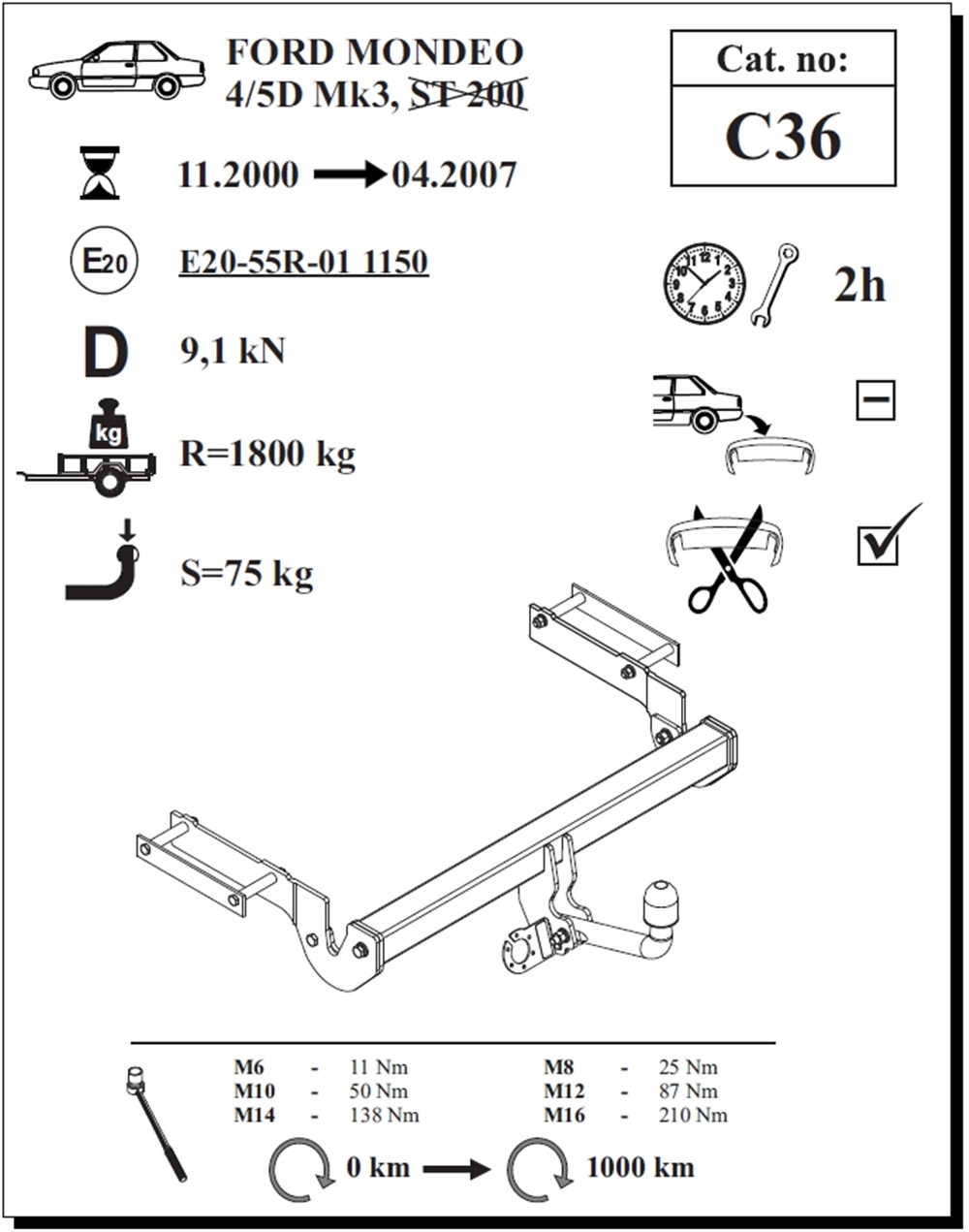 Ford Mondeo 4/5D Çeki Demiri , Kuğu Boynu - Sabit , 2000 - 2007