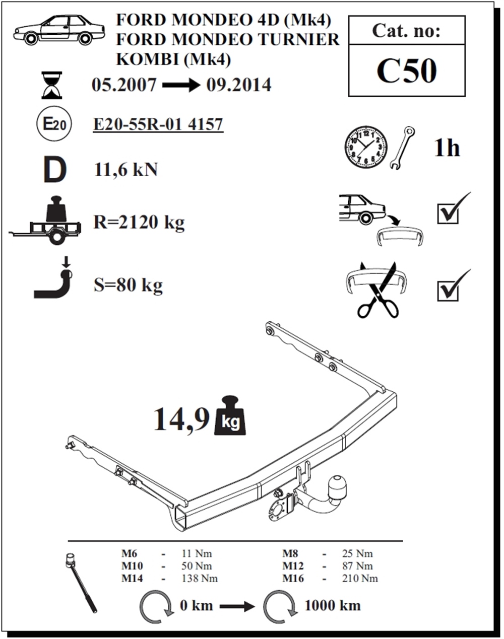 Ford Mondeo Turnier Çeki Demiri , Kuğu Boynu - Sabit , 2007 - 2014