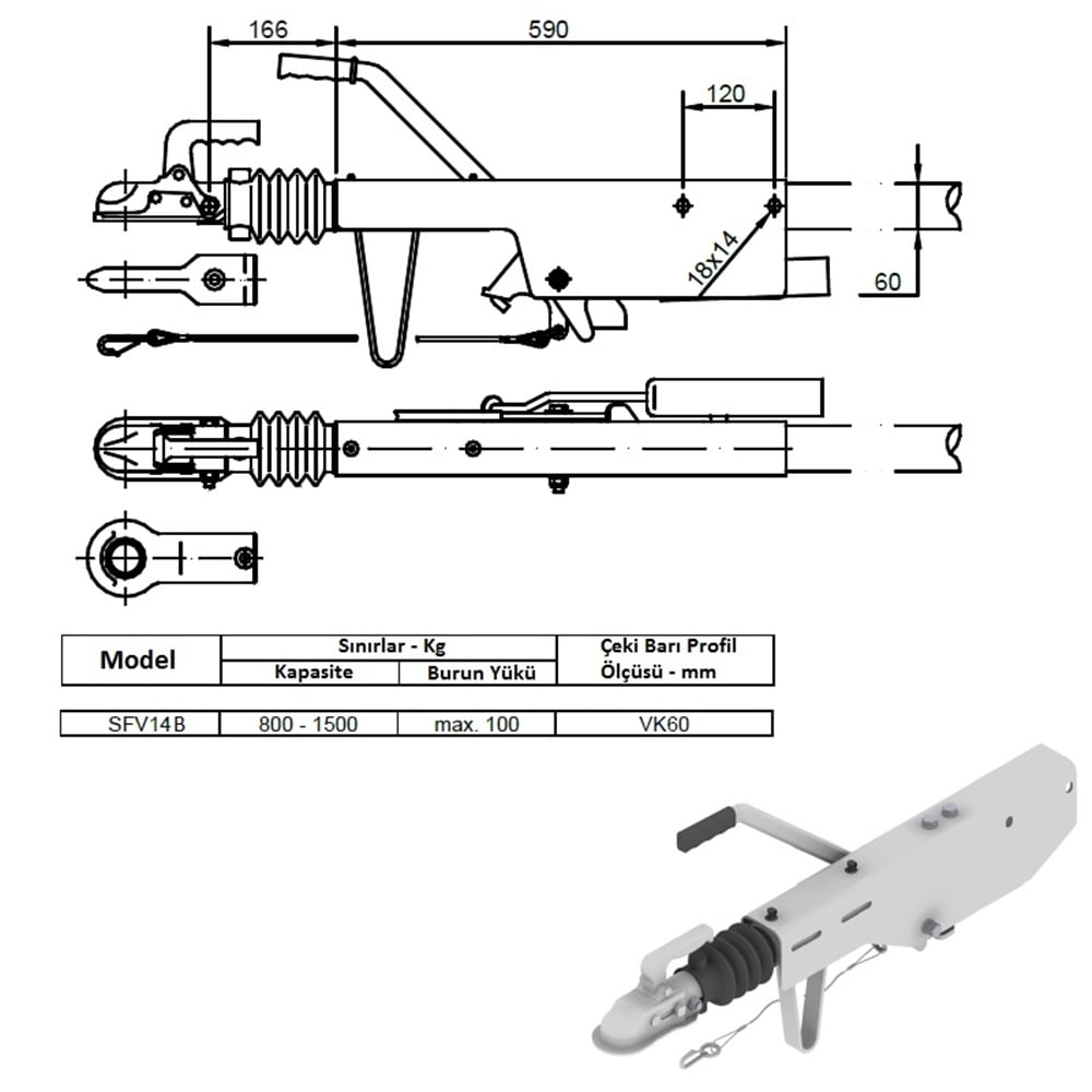 Frenli Çeki Oku - Düz Model - 1500 Kg - Schlegl - SFV14B