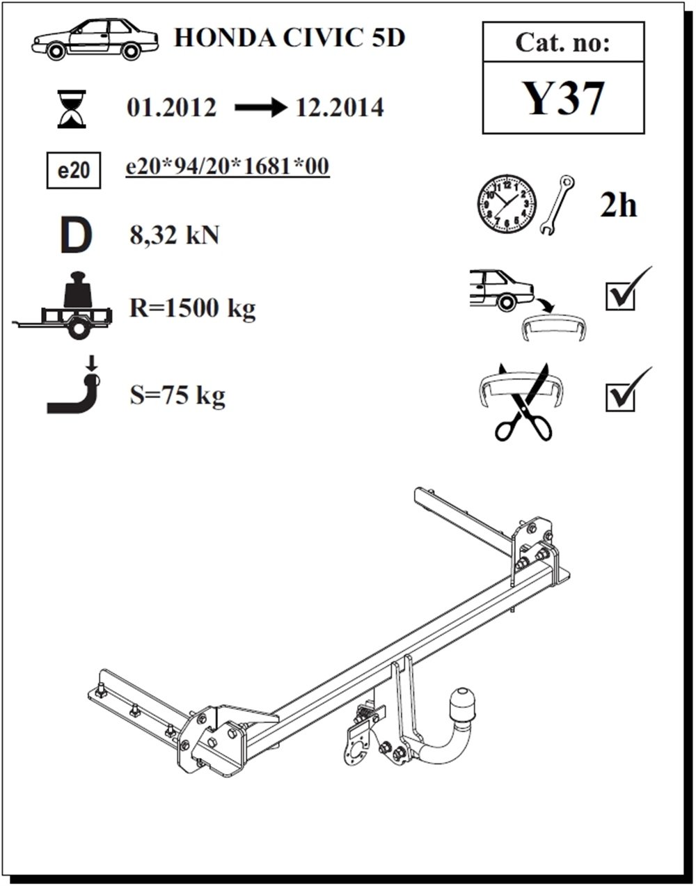 Honda Civic 5K Çeki Demiri , Kuğu Boynu - Sabit , 2012 - 2014