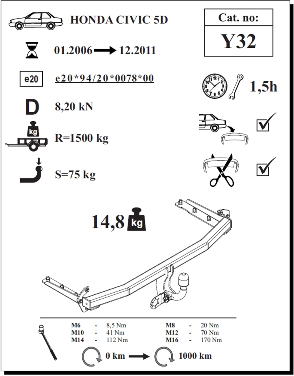 Honda Civic 5K Çeki Demiri , Kuğu Boynu - Sabit , 2006 - 2011
