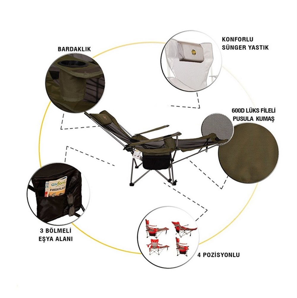 Kamp Sandalyesi - Katlanabilen - Yatabilen - 3 pozisyonlu - Haki