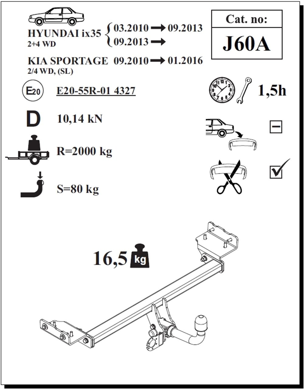 Kia Sportage Çeki Demiri , Yatay Sökülebilir Tip , 2010 - 2016