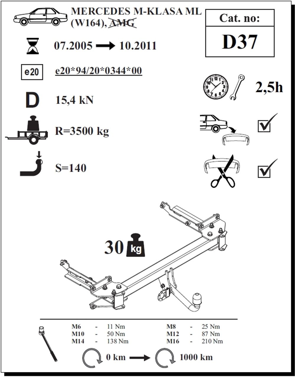 Mercedes ML Çeki Demiri , Kuğu Boynu - Sabit , 2005 - 2011
