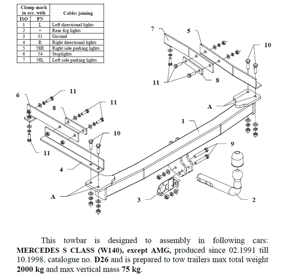 Mercedes S-Class Çeki Demiri , Kuğu Boynu - Sabit , 1991 - 1998