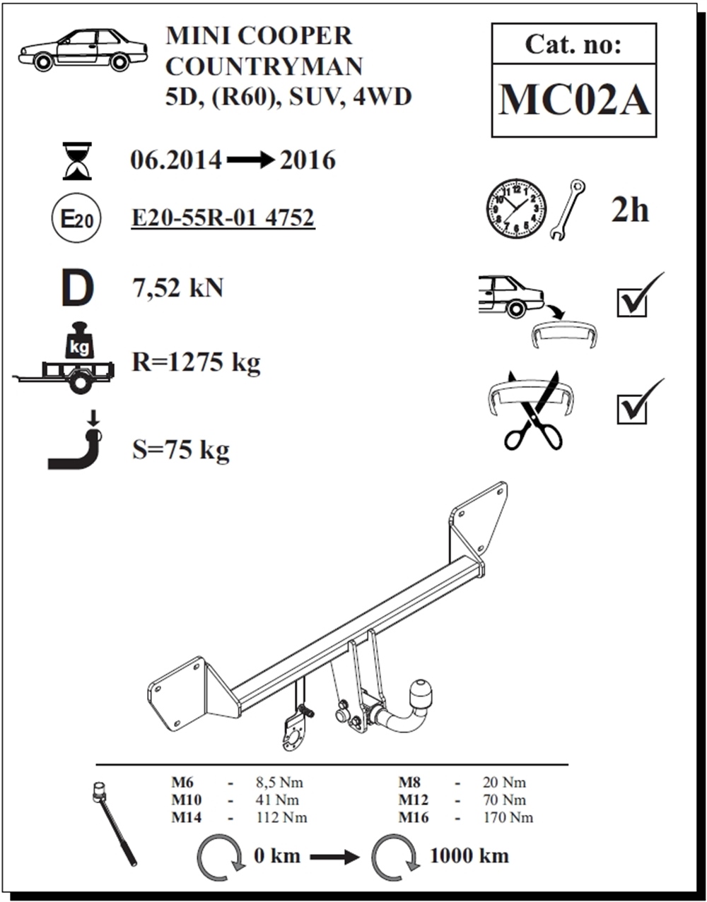 Mini Cooper Countryman 4WD Çeki Demiri , Yatay Sökülebilir , 2014 - 2016