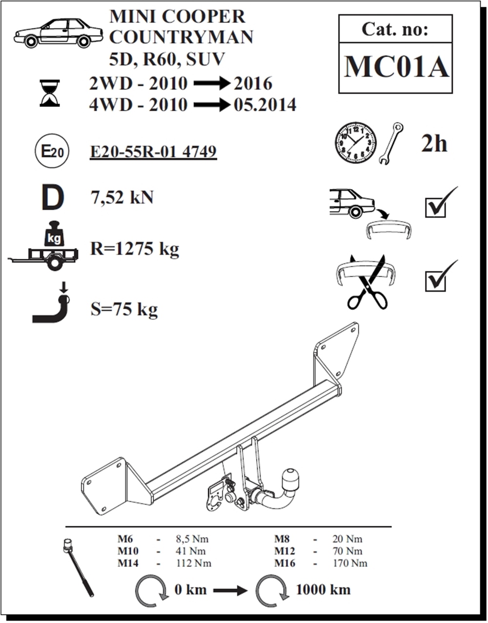 Mini Cooper Countryman 4WD Çeki Demiri , Yatay Sökülebilir , 2010 - 2014