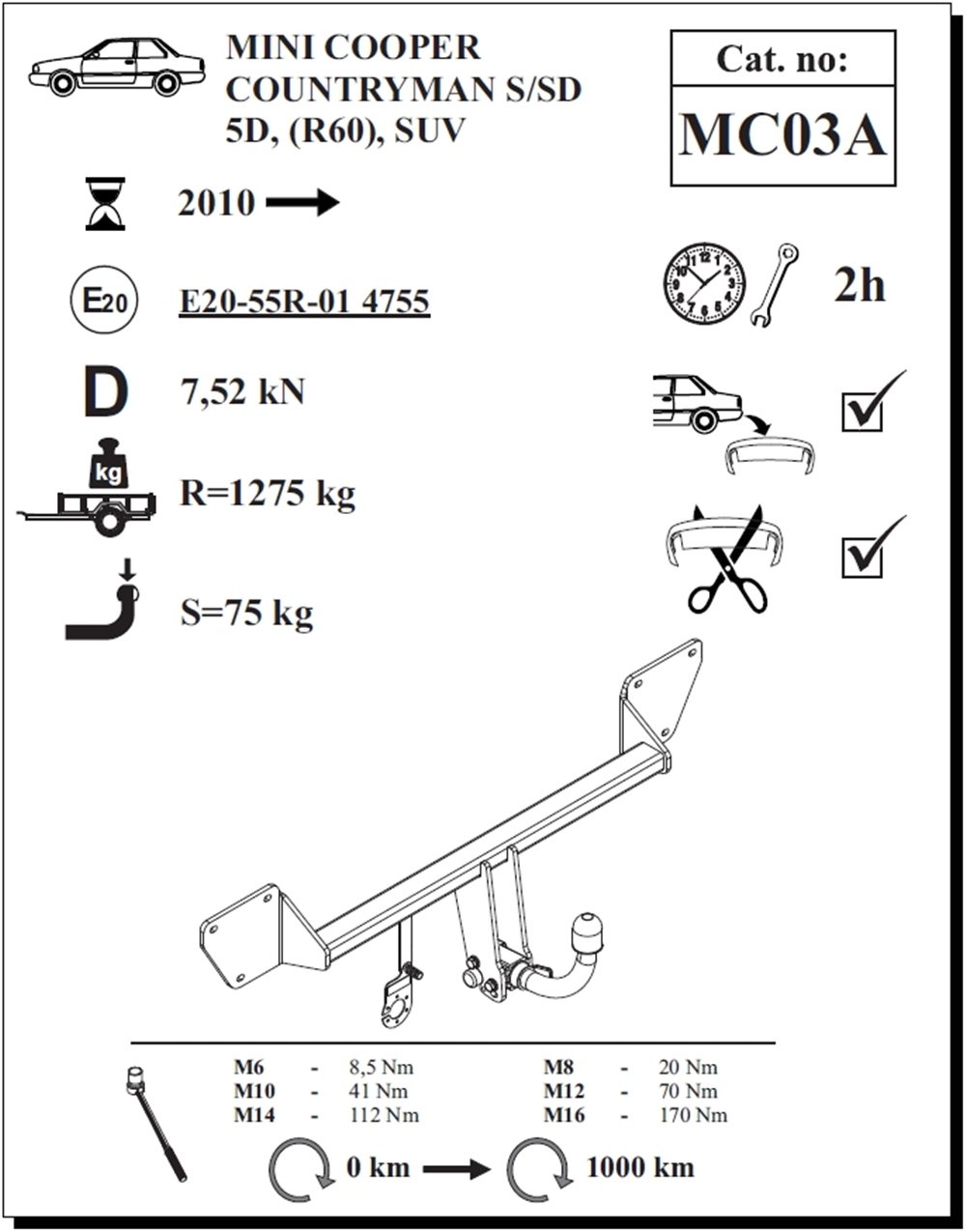 Mini Cooper Countryman S-SD Çeki Demiri , Yatay Sökülebilir , 2010 - Bugüne