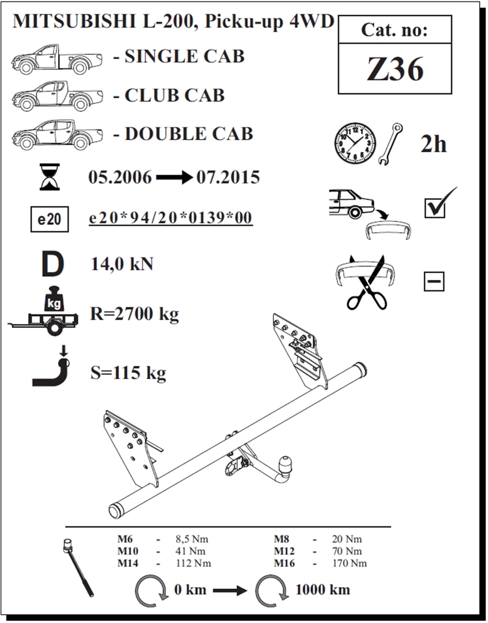 Mitsubishi L-200 (Kısa) Çeki Demiri , Kuğu Boynu - Sabit , 2006 - 2015