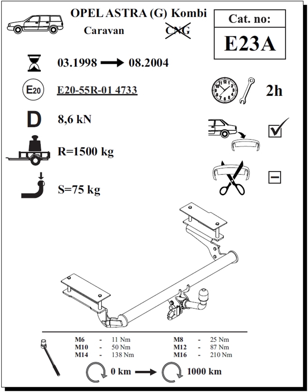 Opel Astra (G) Kombi Çeki Demiri , Yatay Sökülebilir , 1998 - 2004