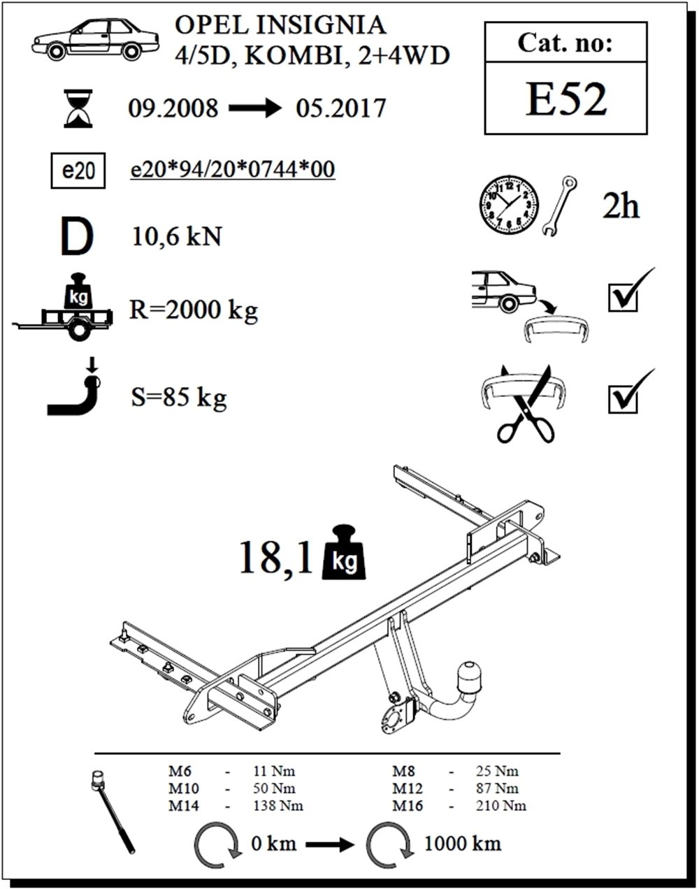 Opel Insignia Çeki Demiri , Kuğu Boynu - Sabit , 2008 - 2017