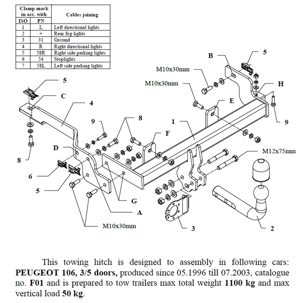 Peugeot 106 Çeki Demiri , Kuğu Boynu - Sabit , 1996 - 2003