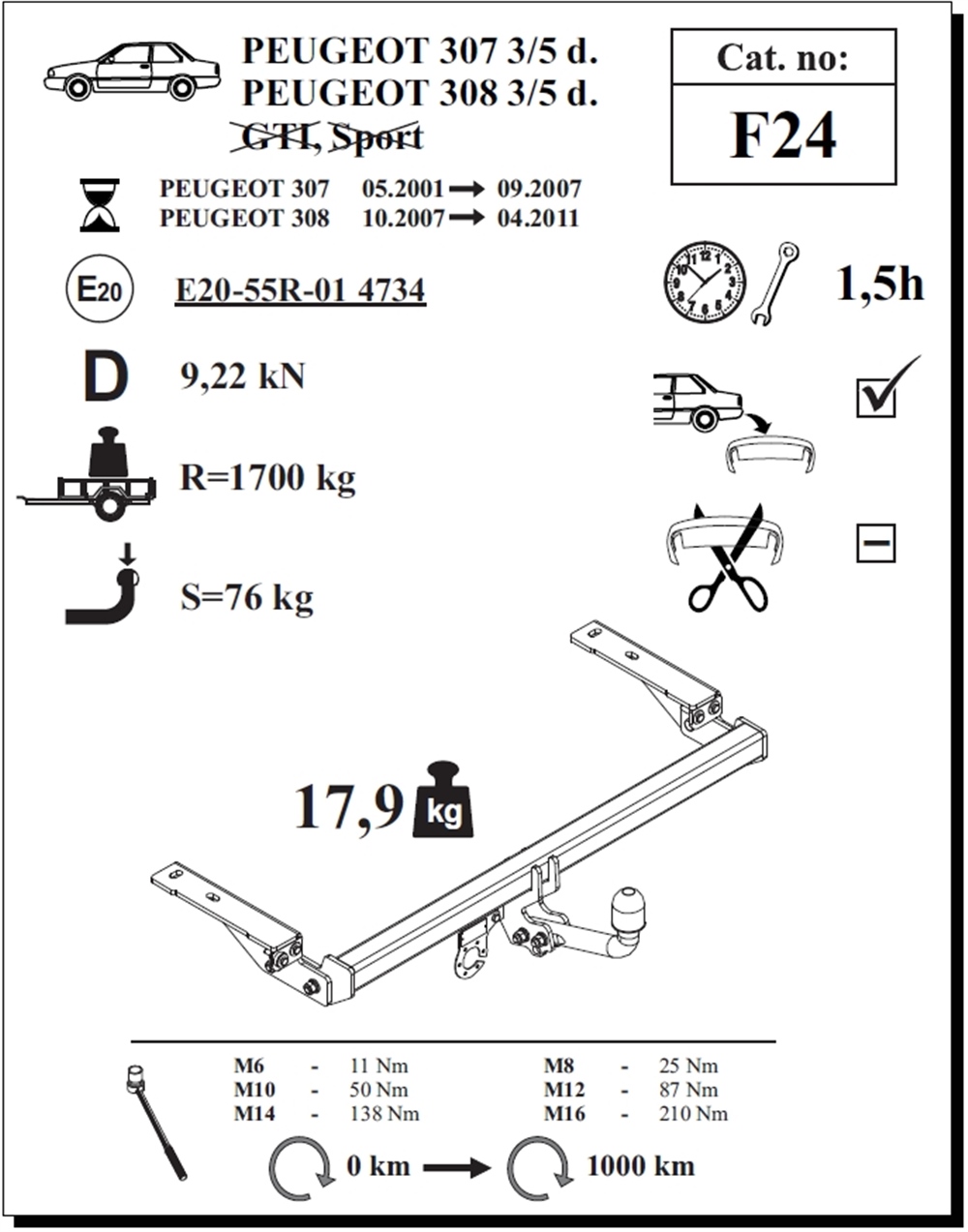 Peugeot 307 Çeki Demiri , Kuğu Boynu - Sabit , 2001 - 2007
