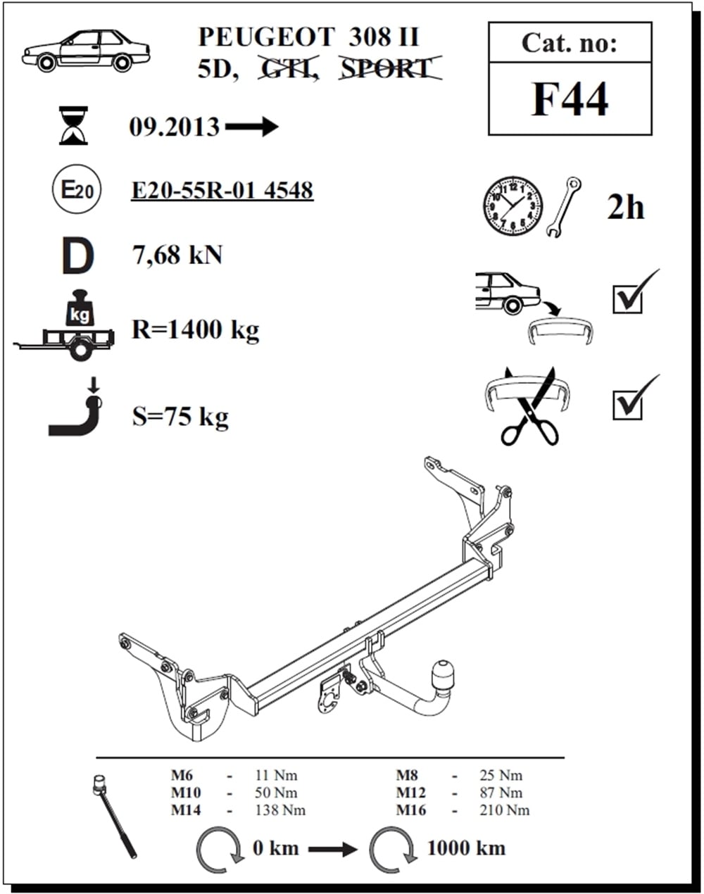 Peugeot 308 Çeki Demiri , Kuğu Boynu - Sabit , 2013 - Bugüne