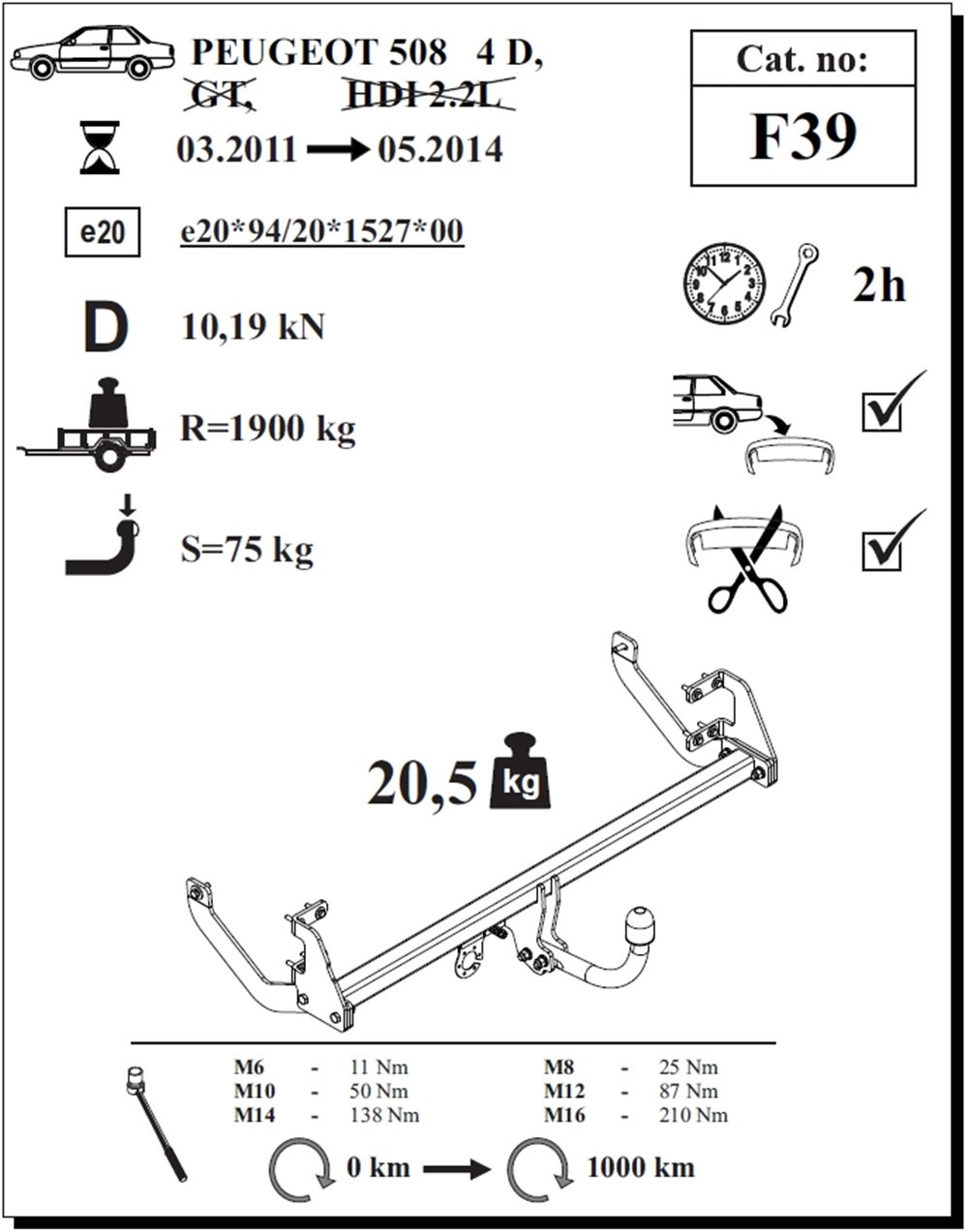 Peugeot 508 Çeki Demiri , Kuğu Boynu - Sabit , 2011 - 2014
