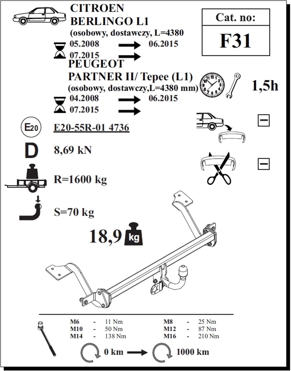 Peugeot Partner - Partner Tepee (Kısa) Çeki Demiri , Kuğu Boynu - Sabit , 2008 - Bugüne