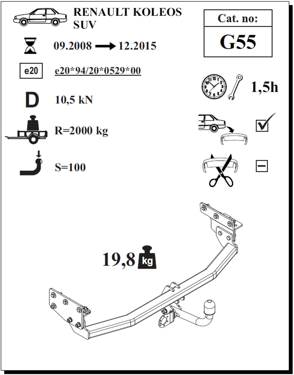 Renault Koleos Çeki Demiri , Kuğu Boynu - Sabit , 2008 - 2015