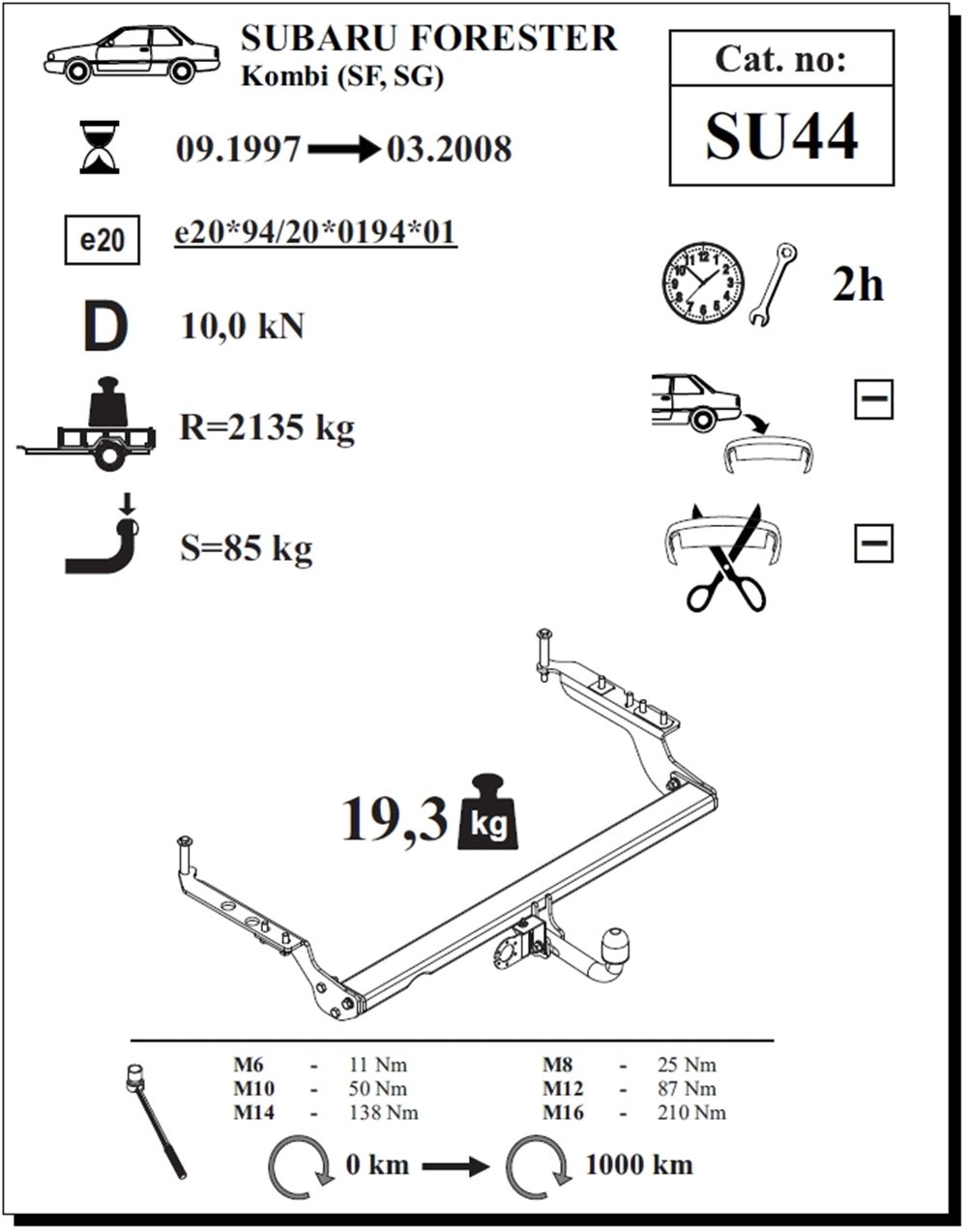 Subaru Forester Çeki Demiri , Kuğu Boynu - Sabit , 1997 - 2008