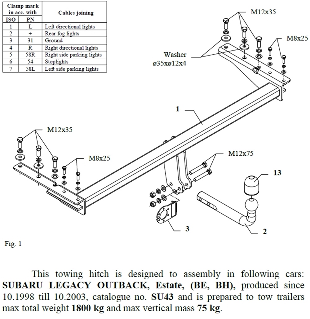 Subaru Legacy Outback Çeki Demiri , Kuğu Boynu - Sabit , 1998 - 2003